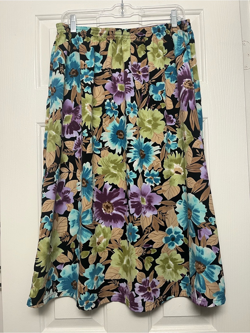Floral A-Line Skirt in Black with Teal, Purple & Green Blooms